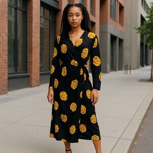 VINTAGE! 80’s-90’s Y2K VIRGO II Wrap Midi Dress M Black Yellow Floral Retro